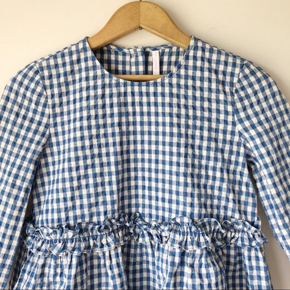 Zara Gingham White Blue Check Ruffle Top Crew Neck - Picture 4 of 9